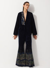 Navy Blue Peplum Velvet Jacket Paired With Flared Embroidery Trouser