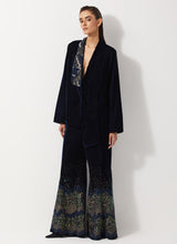 Navy Blue Peplum Velvet Jacket Paired With Flared Embroidery Trouser