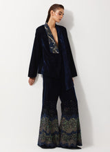Navy Blue Peplum Velvet Jacket Paired With Flared Embroidery Trouser