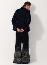 Navy Blue Peplum Velvet Jacket Paired With Flared Embroidery Trouser