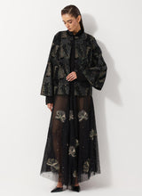 Black All Over Embroidered Jacket In Velvet Paired With Tulle Embellished Skirt