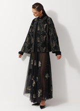 Black All Over Embroidered Jacket In Velvet Paired With Tulle Embellished Skirt