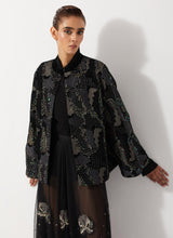 Black All Over Embroidered Jacket In Velvet Paired With Tulle Embellished Skirt