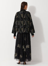 Black All Over Embroidered Jacket In Velvet Paired With Tulle Embellished Skirt