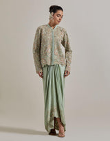Sage Green Water Gilmmer Hand Embellished Jacket Paired With Satin Drape Skirt