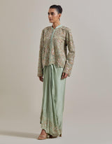 Sage Green Water Gilmmer Hand Embellished Jacket Paired With Satin Drape Skirt