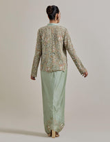 Sage Green Water Gilmmer Hand Embellished Jacket Paired With Satin Drape Skirt