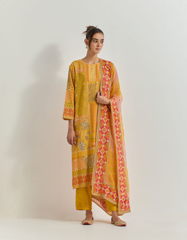 Ochre Kurta Set With Cross Stitch Embroidery With Bead Work