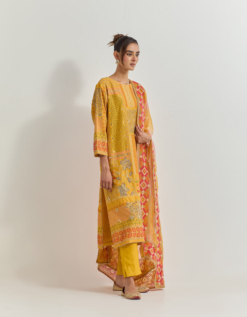 Ochre Kurta Set With Cross Stitch Embroidery With Bead Work