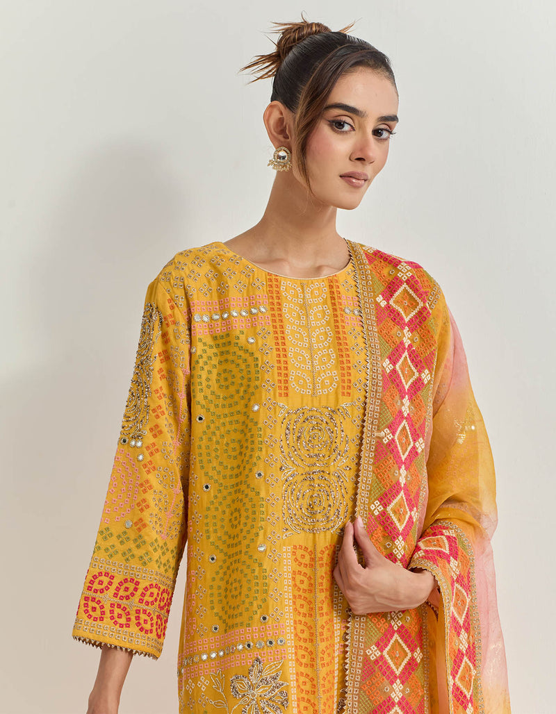 Ochre Kurta Set With Cross Stitch Embroidery With Bead Work