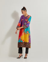 Creeper Chanderi Silk Kurta With Hand Embellished Neck Detail Paired With Stretch Lycra Black Pants