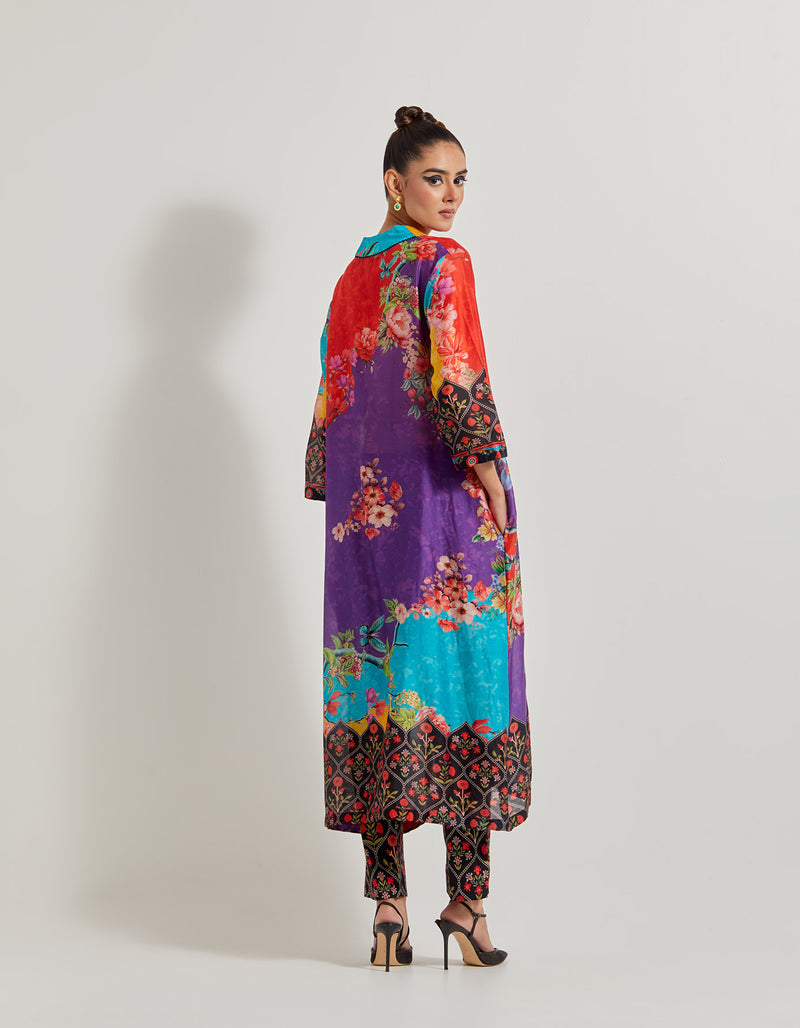 Creeper Chanderi Silk Long Kurta Paired With Stretch Lycra Printed Pants