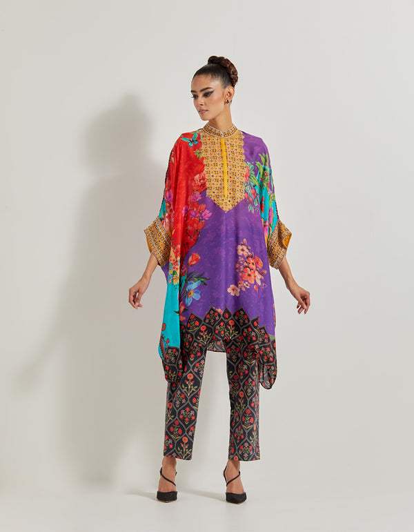 Creeper Kaftan Kurta With Hand Embellished Neckline And Cuff Paired With Printed Lycra Pants