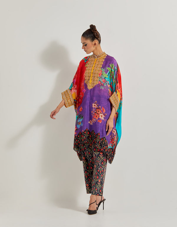 Creeper Kaftan Kurta With Hand Embellished Neckline And Cuff Paired With Printed Lycra Pants