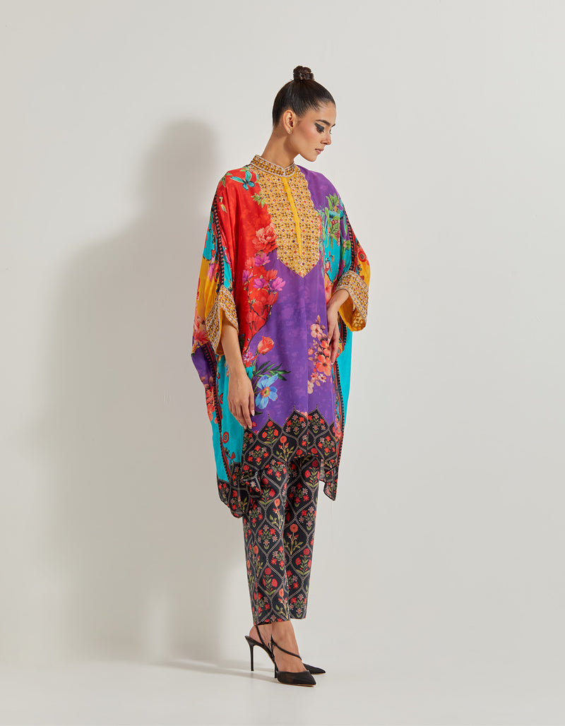 Creeper Kaftan Kurta With Hand Embellished Neckline And Cuff Paired With Printed Lycra Pants