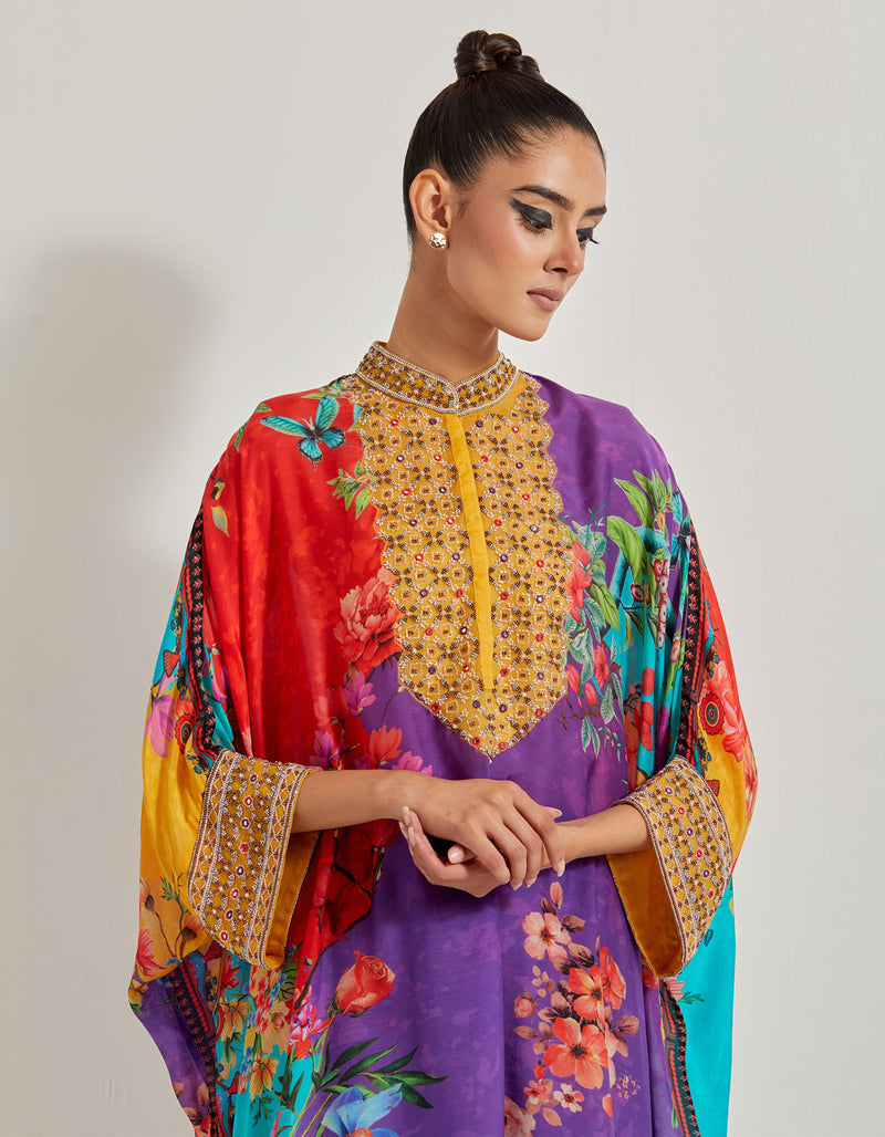 Creeper Kaftan Kurta With Hand Embellished Neckline And Cuff Paired With Printed Lycra Pants