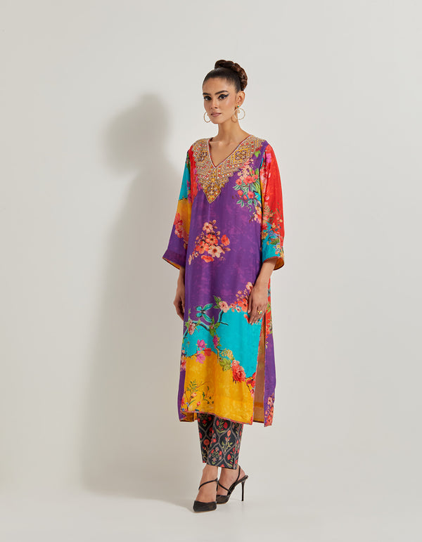 Creeper Modal Silk Hand Embellished Kurta Paired With Printed Lycra Pants