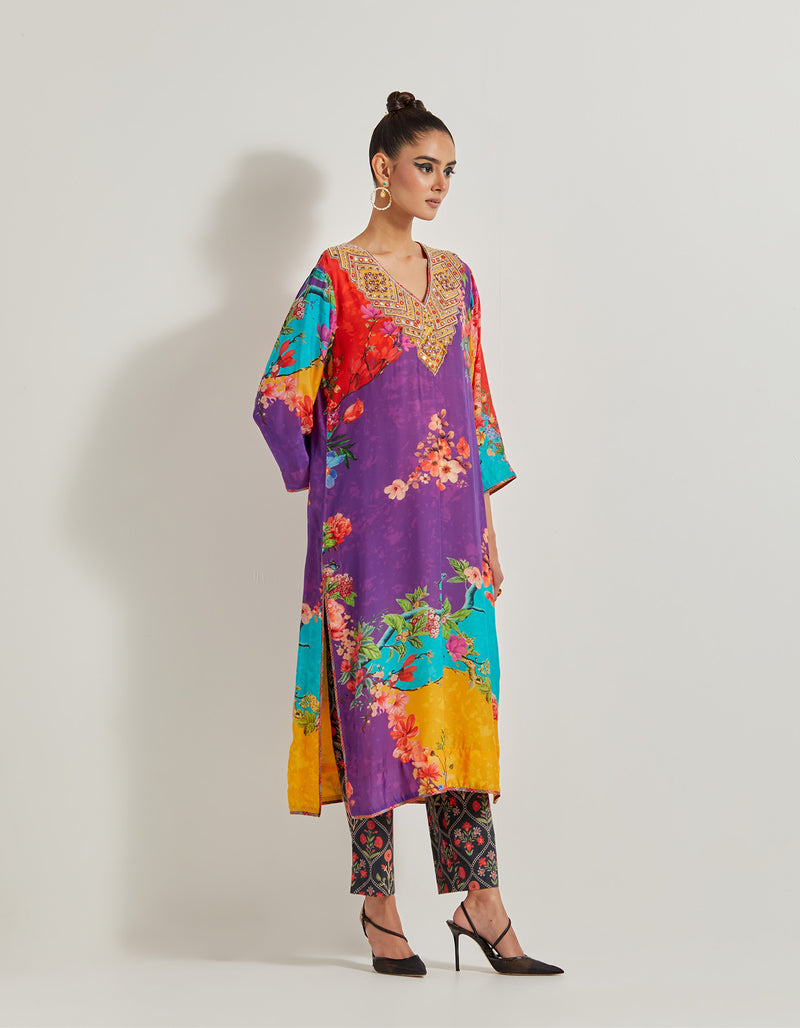 Creeper Modal Silk Hand Embellished Kurta Paired With Printed Lycra Pants