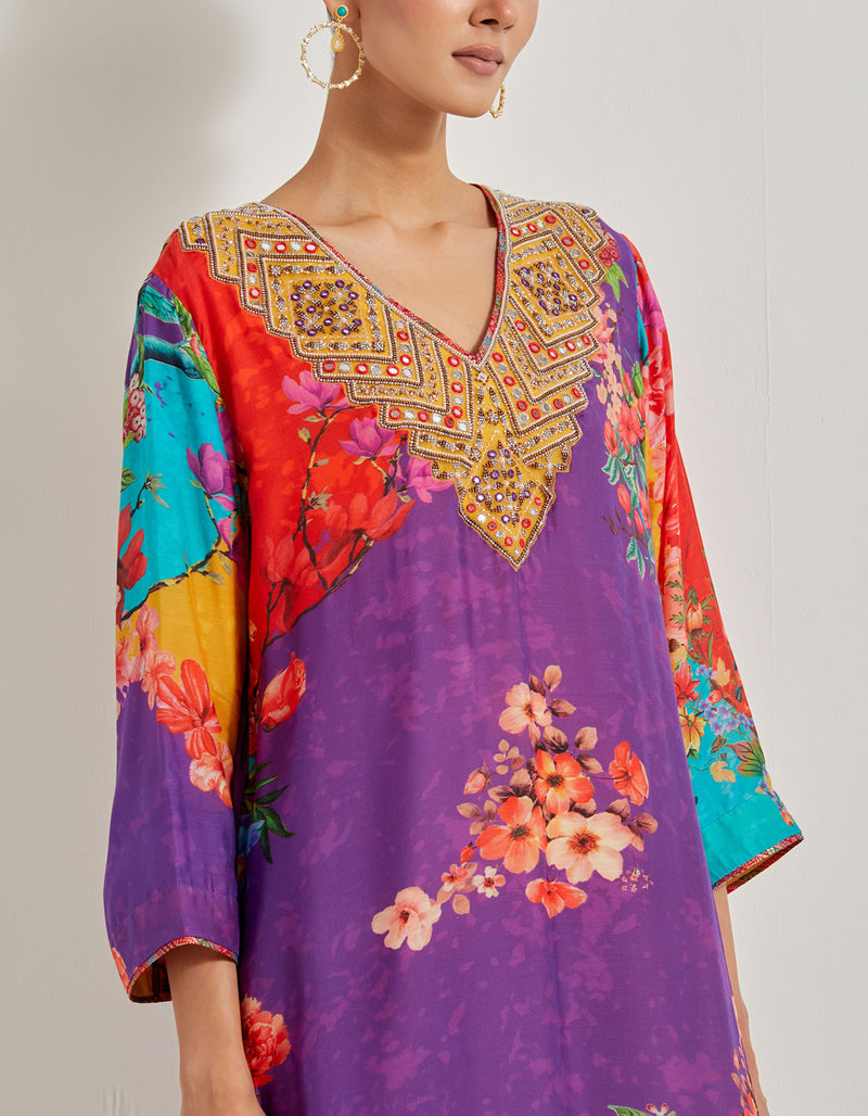 Creeper Modal Silk Hand Embellished Kurta Paired With Printed Lycra Pants