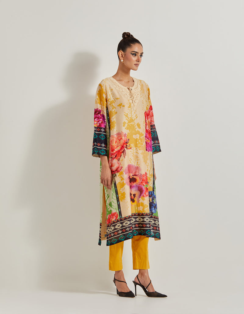 Foresta Kurta With Crochet Neck Line And Stretch Poplin Lycra Pants