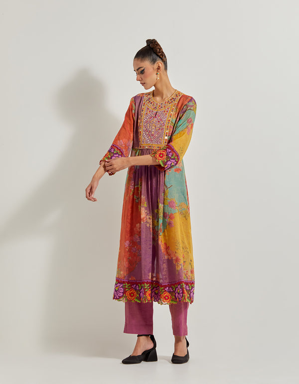 Creeper Tissue Chanderi Kurta With Hand Embellished Neckline And Cross Stitch Border Paired With Tissue Chanderi Pants