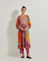 Creeper Tissue Chanderi Kurta With Hand Embellished Neckline And Cross Stitch Border Paired With Tissue Chanderi Pants