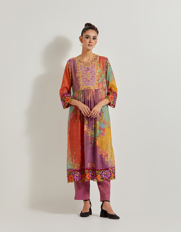 Creeper Tissue Chanderi Kurta With Hand Embellished Neckline And Cross Stitch Border Paired With Tissue Chanderi Pants