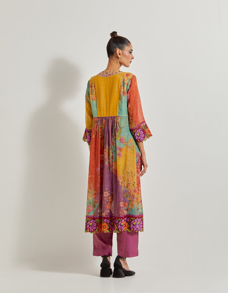 Creeper Tissue Chanderi Kurta With Hand Embellished Neckline And Cross Stitch Border Paired With Tissue Chanderi Pants