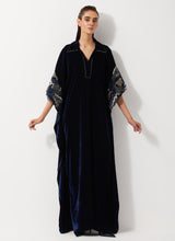 Navy Blue Velvet Embellished Kaftan Dress