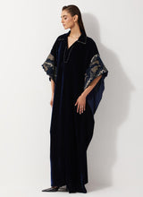 Navy Blue Velvet Embellished Kaftan Dress