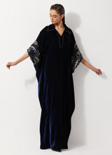 Navy Blue Velvet Embellished Kaftan Dress