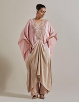 Pink And Beige Draped Kaftan Tunic Paired With Straight Tissue Pants
