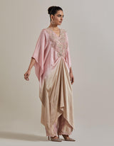 Pink And Beige Draped Kaftan Tunic Paired With Straight Tissue Pants