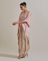 Pink And Beige Draped Kaftan Tunic Paired With Straight Tissue Pants
