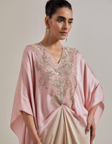Pink And Beige Draped Kaftan Tunic Paired With Straight Tissue Pants