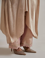 Pink And Beige Draped Kaftan Tunic Paired With Straight Tissue Pants