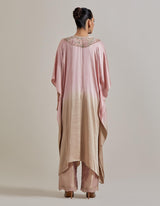 Pink And Beige Draped Kaftan Tunic Paired With Straight Tissue Pants