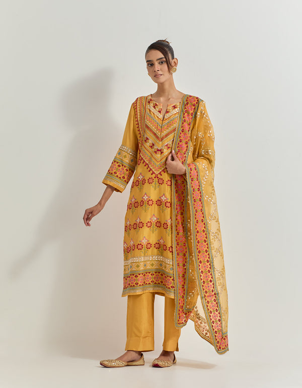 Ochre Kurta Set With Gota Work And Cross Stitch Embroidery