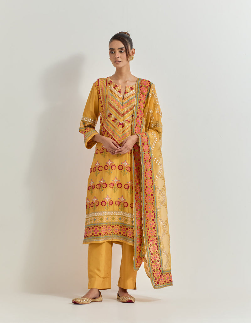 Ochre Kurta Set With Gota Work And Cross Stitch Embroidery