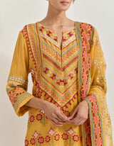 Ochre Kurta Set With Gota Work And Cross Stitch Embroidery