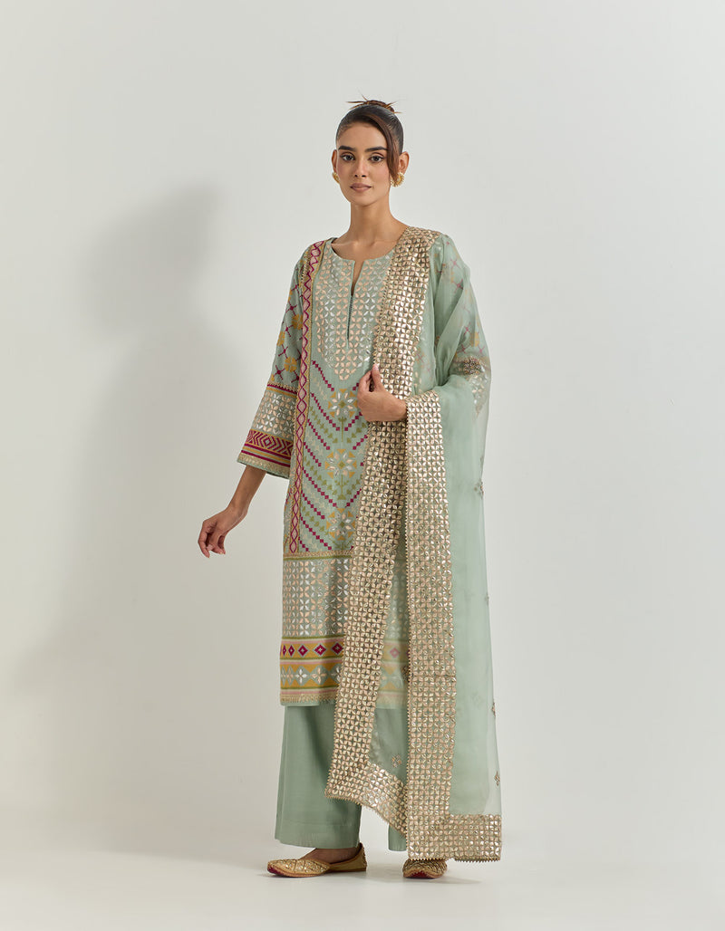 Sage Green Kurta Set With Gota Patti And Cross Stitch Embroidery