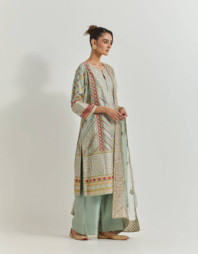 Sage Green Kurta Set With Gota Patti And Cross Stitch Embroidery