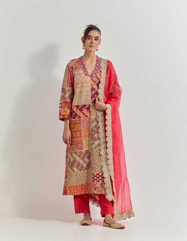 Fuchsia And Red Kurta Set