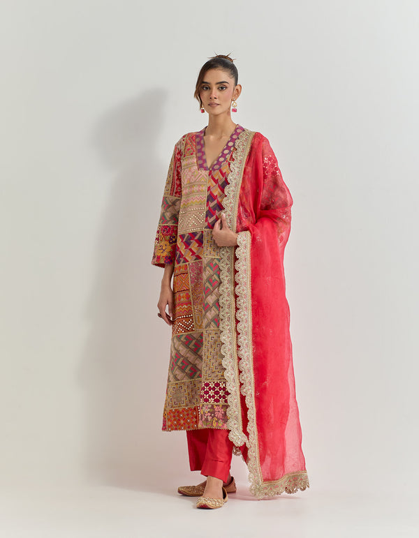 Fuchsia And Red Kurta Set