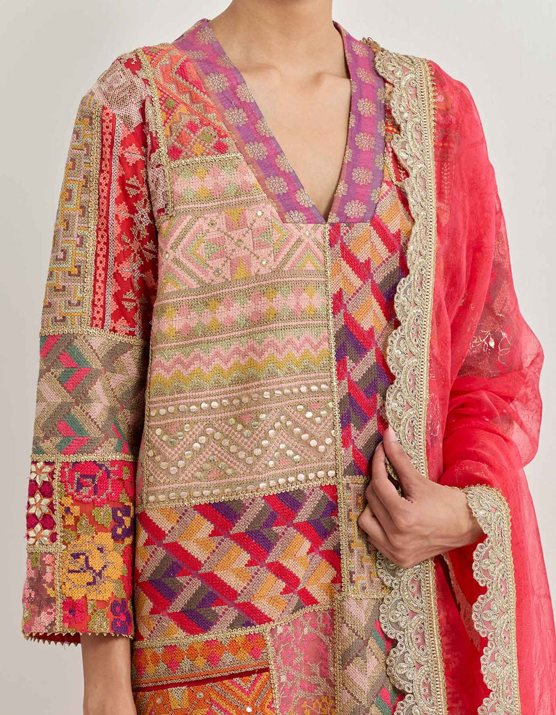 Fuchsia And Red Kurta Set