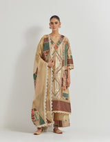 Patch Work Embroidered A Line Kurta With Organza And Brocade Patch Dupatta And Pants