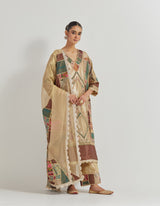 Patch Work Embroidered A Line Kurta With Organza And Brocade Patch Dupatta And Pants