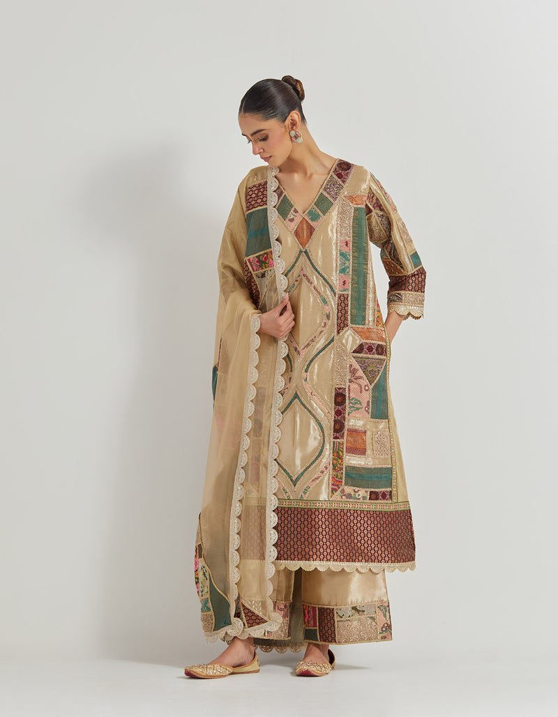 Patch Work Embroidered A Line Kurta With Organza And Brocade Patch Dupatta And Pants