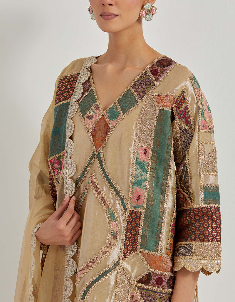 Patch Work Embroidered A Line Kurta With Organza And Brocade Patch Dupatta And Pants