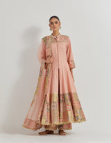 Peach Jaquard Chanderi Jacket Anarkali Set In Patch Work